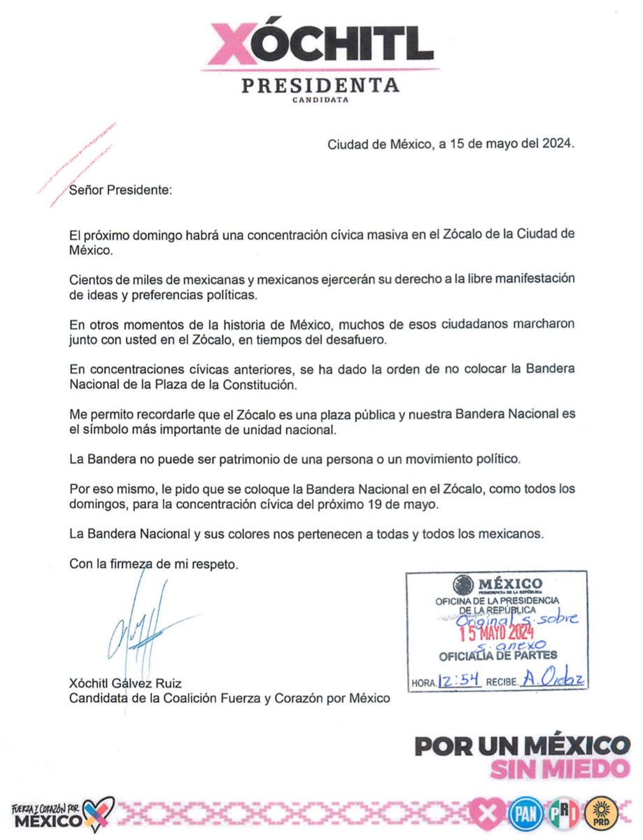 Carta al Presidente @lopezobrador_ sobre la concentración ciudadana en el Zócalo este domingo 19 de mayo:
