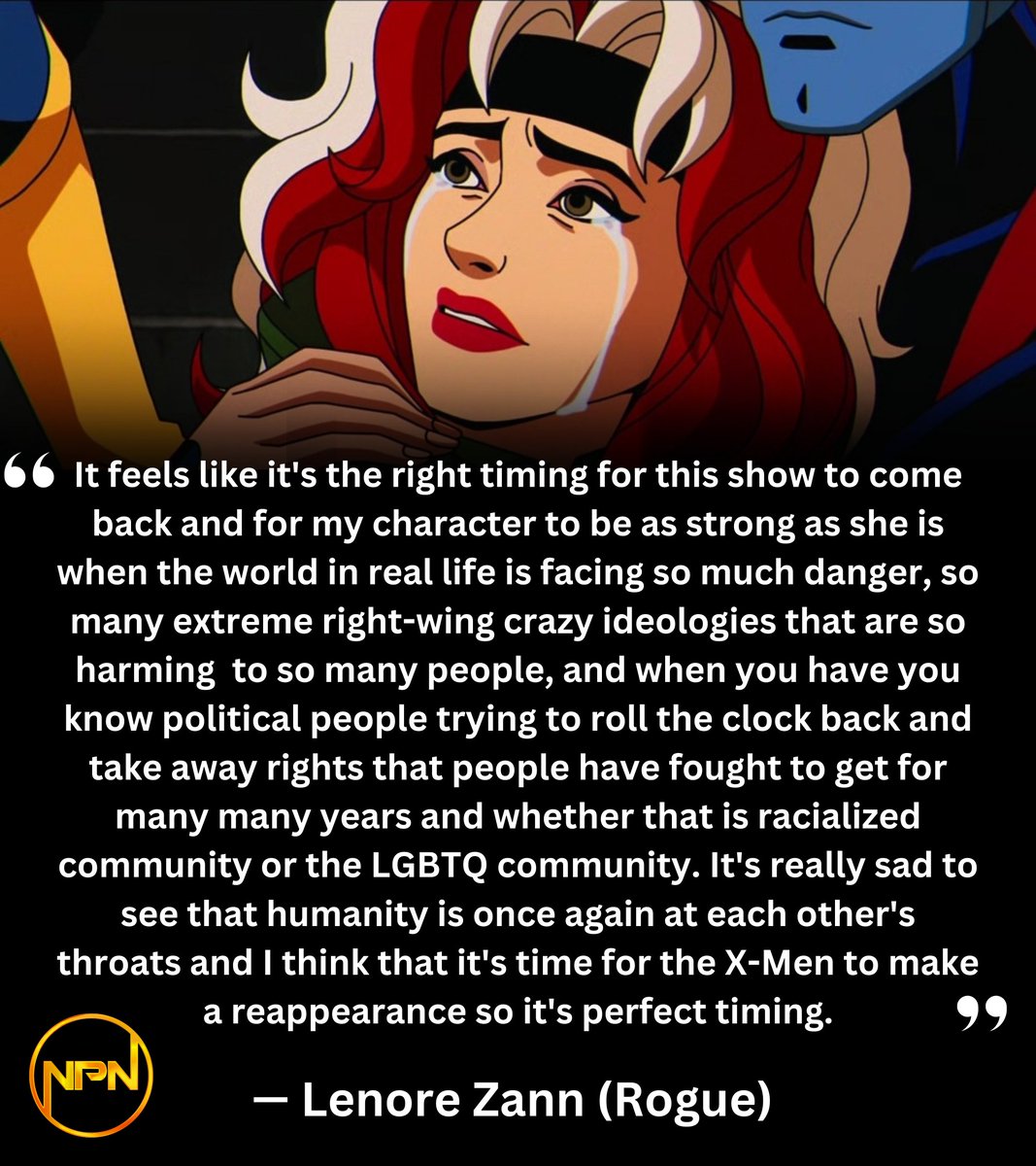 “It's really sad to see that humanity is once again at each other's throats and I think that it's time for the X-Men to make a reappearance so it's perfect timing.” — Lenore Zann, Rogue VA in #XMen97 Read our interview here: nexuspointnews.com/post/nexus-poi…