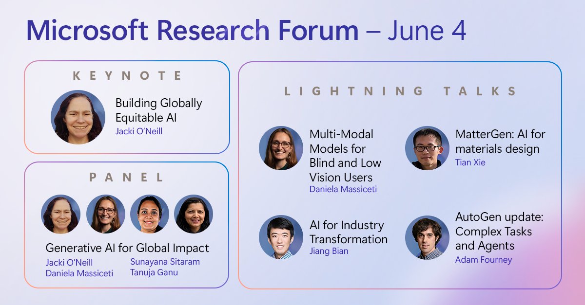 MSFTResearch's tweet photo. Researchers at Microsoft emphasize the importance of globally equitable AI. Join us at Research Forum on June 4 to learn more about data representation, the latest foundational advances, and how inclusive AI creates impact. 
Register now.
