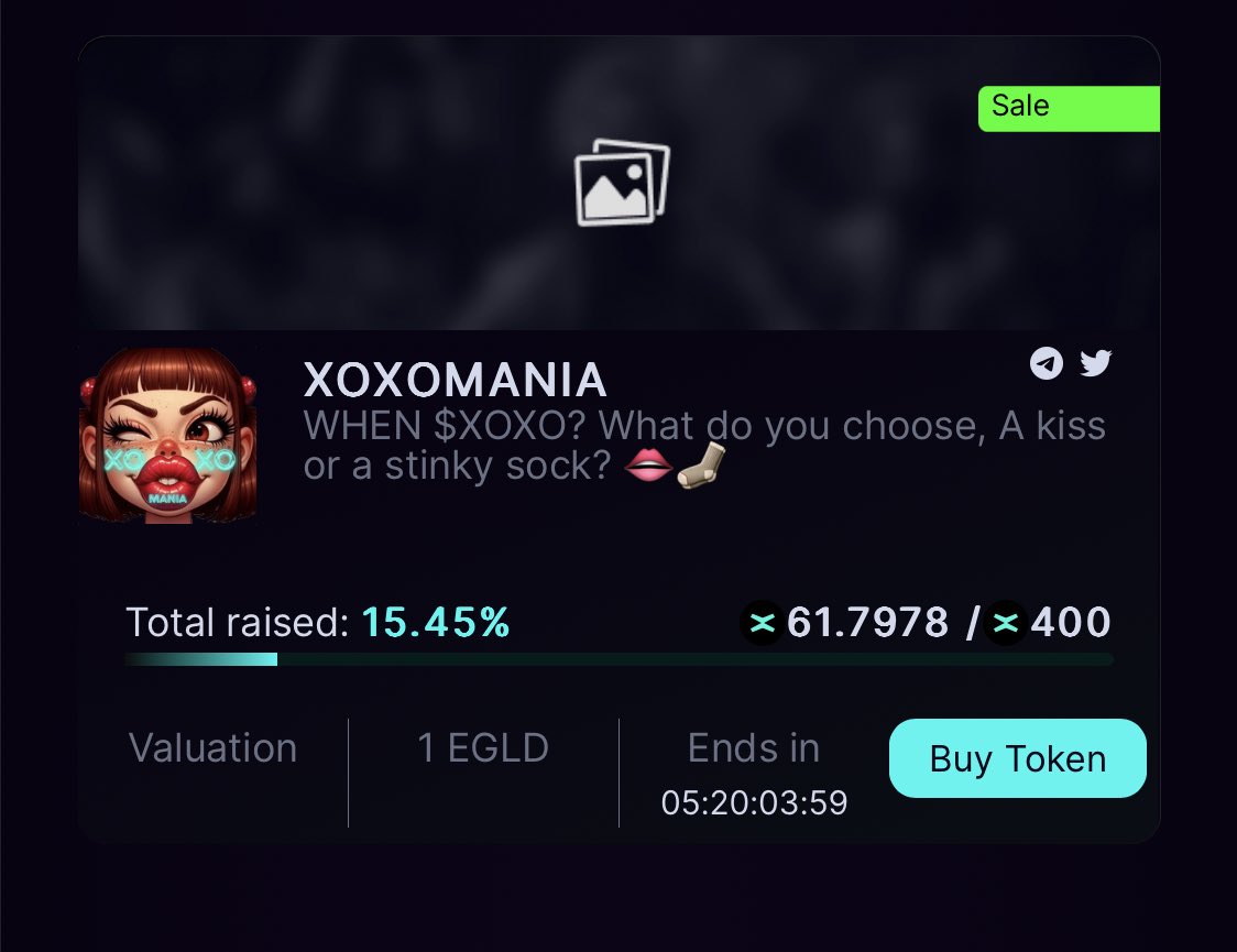 Another big announcement 
at 100 EGLD XOXOmania will be listed

for every 1 egld bought, they offer a double airdrop! 35 more places available!

Be part of this great adventure 

LP on @Xexchange 80 EGLD
LP on @OneDex_X 20 EGLD

A kiss or a sock? 🧦👄