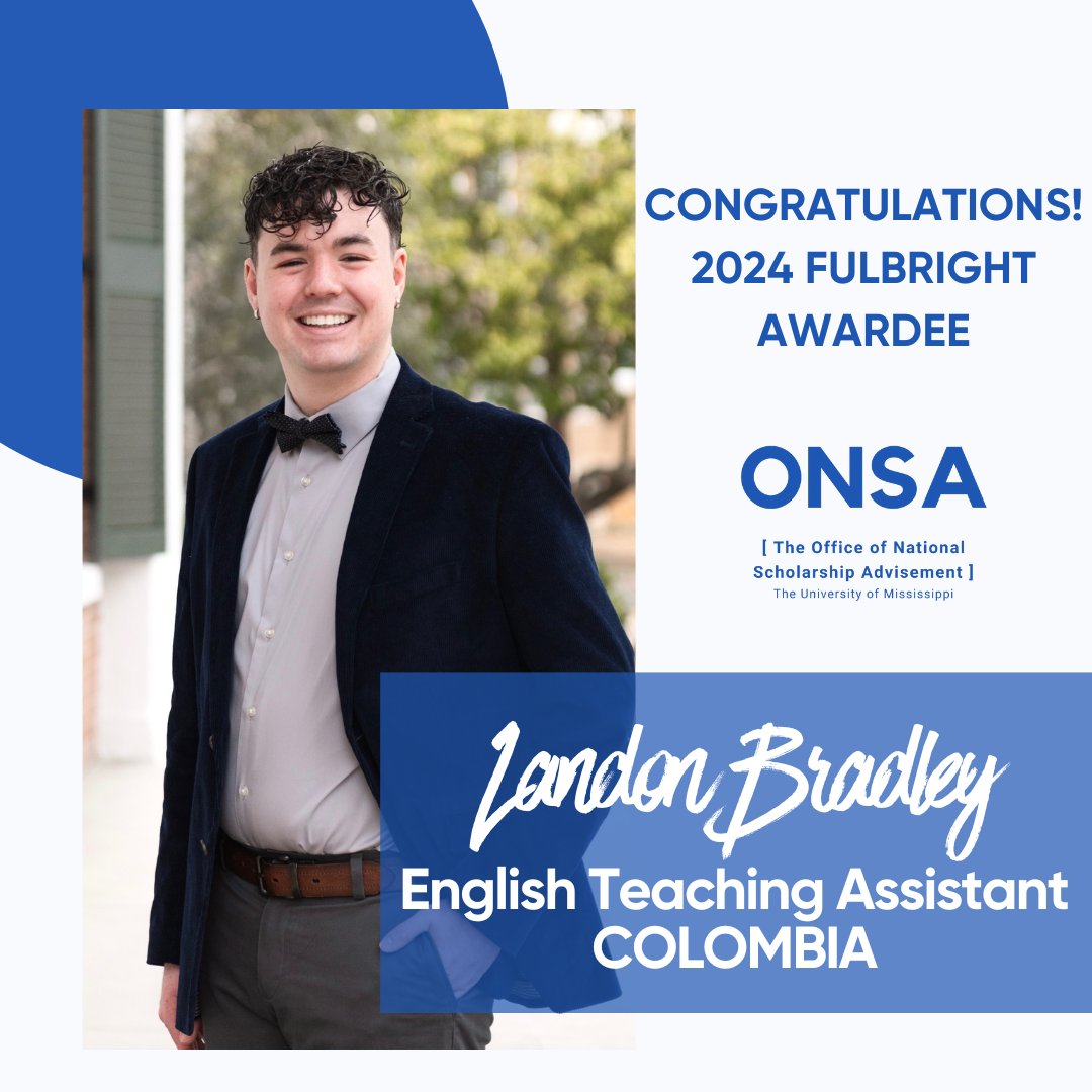 We have HAPPY NEWS from the Fulbright!! Landon Bradley, a 2024 graduate in International Studies and Spanish, has received a grant from the Fulbright to be an English Teaching Assistant in Colombia for the 2024-2025 academic year!