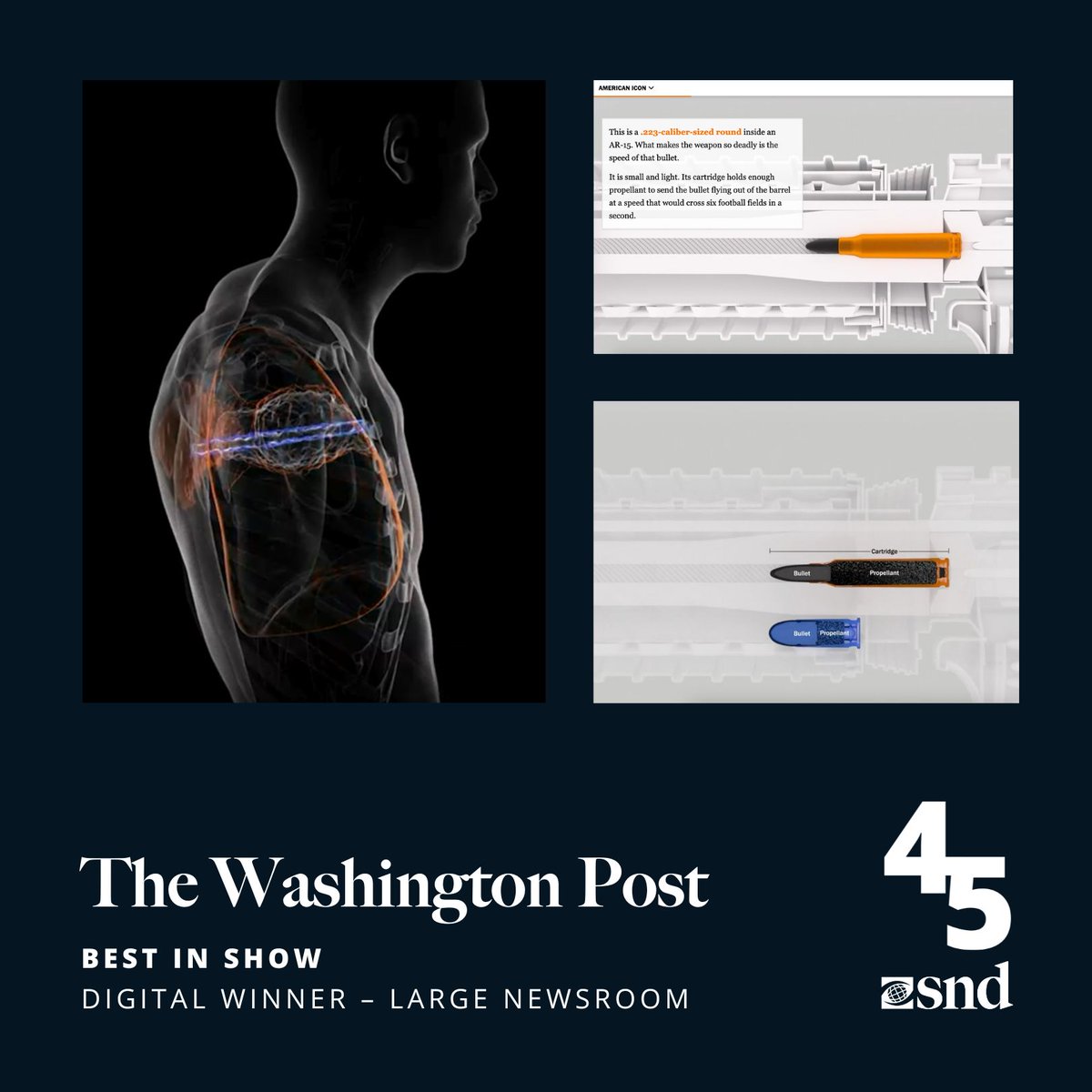 Digital: Large Newsroom @washingtonpost | The Blast Effect Judges said: This entry impressed judges with its purposeful and informative use of 3D graphics, along with the extensive research evident in the storytelling.