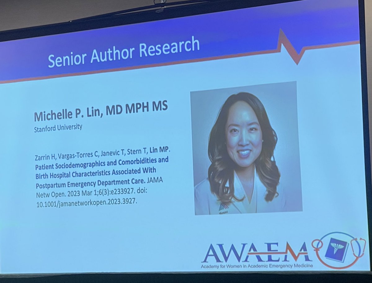 Honored to receive the @AWAEM Best Senior Author Research Award for our @JAMANetworkOpen paper on disparities at postpartum ED visits @SAEMonline. Kudos to first author @HaleyELeopold for leading