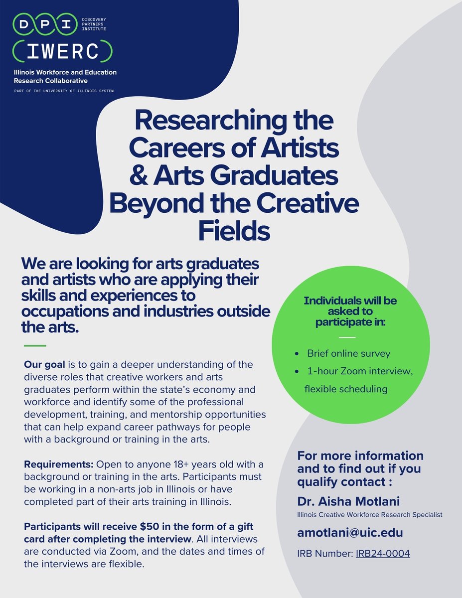 🎨 Are you an artist or arts grad and in a non-arts career path? Your story matters! Participate in our research study and share your insights! Contact Aisha Motlani, Primary Investigator. #CreativeProfessionals #CareerPaths #IllinoisWorkforce