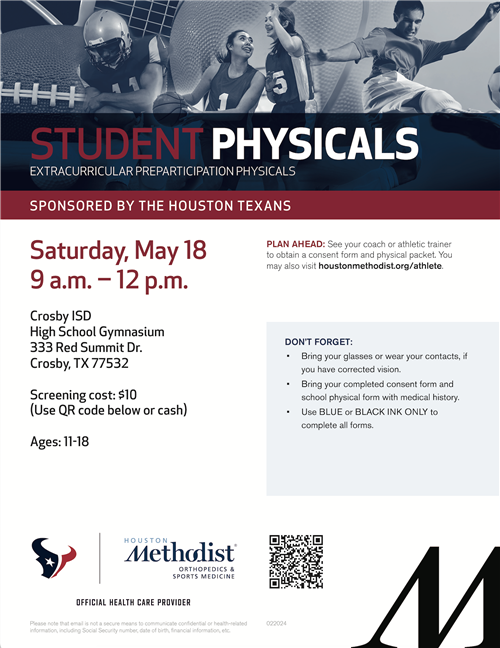 TODAY! $10 Physicals at the Crosby High School gym. The QR Code / Payment Link are now open. crosbyisd.revtrak.net/Athletics/#/v/… crosbyisd.org/physicals #MovingForward