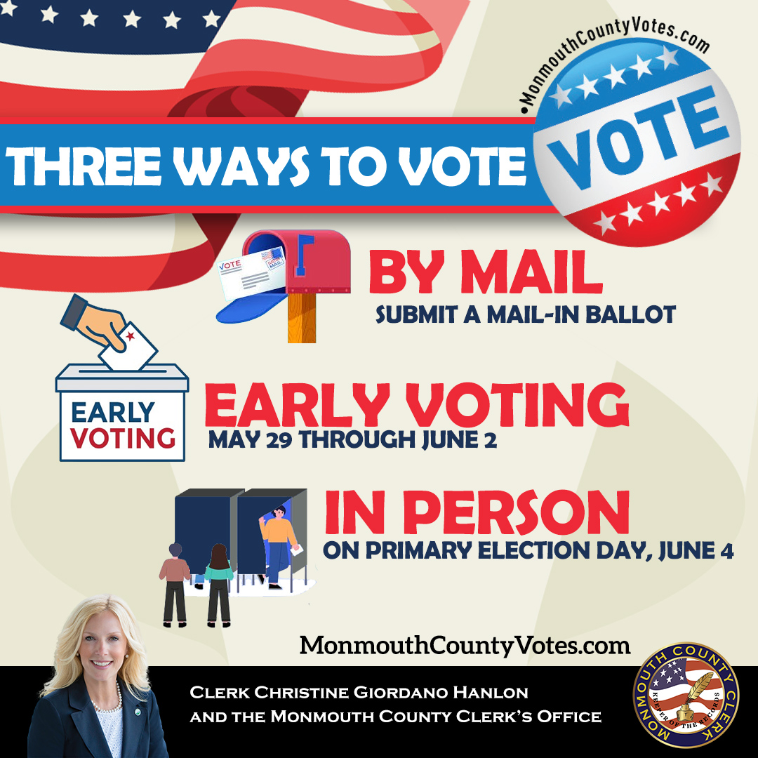 This #PrimaryElection, there are still more ways and more days to vote in #MonmouthCounty! Here in New Jersey, we continue to have three choices when casting a ballot, providing convenience and flexibility for any voter. For more information, visit MonmouthCountyVotes.com.