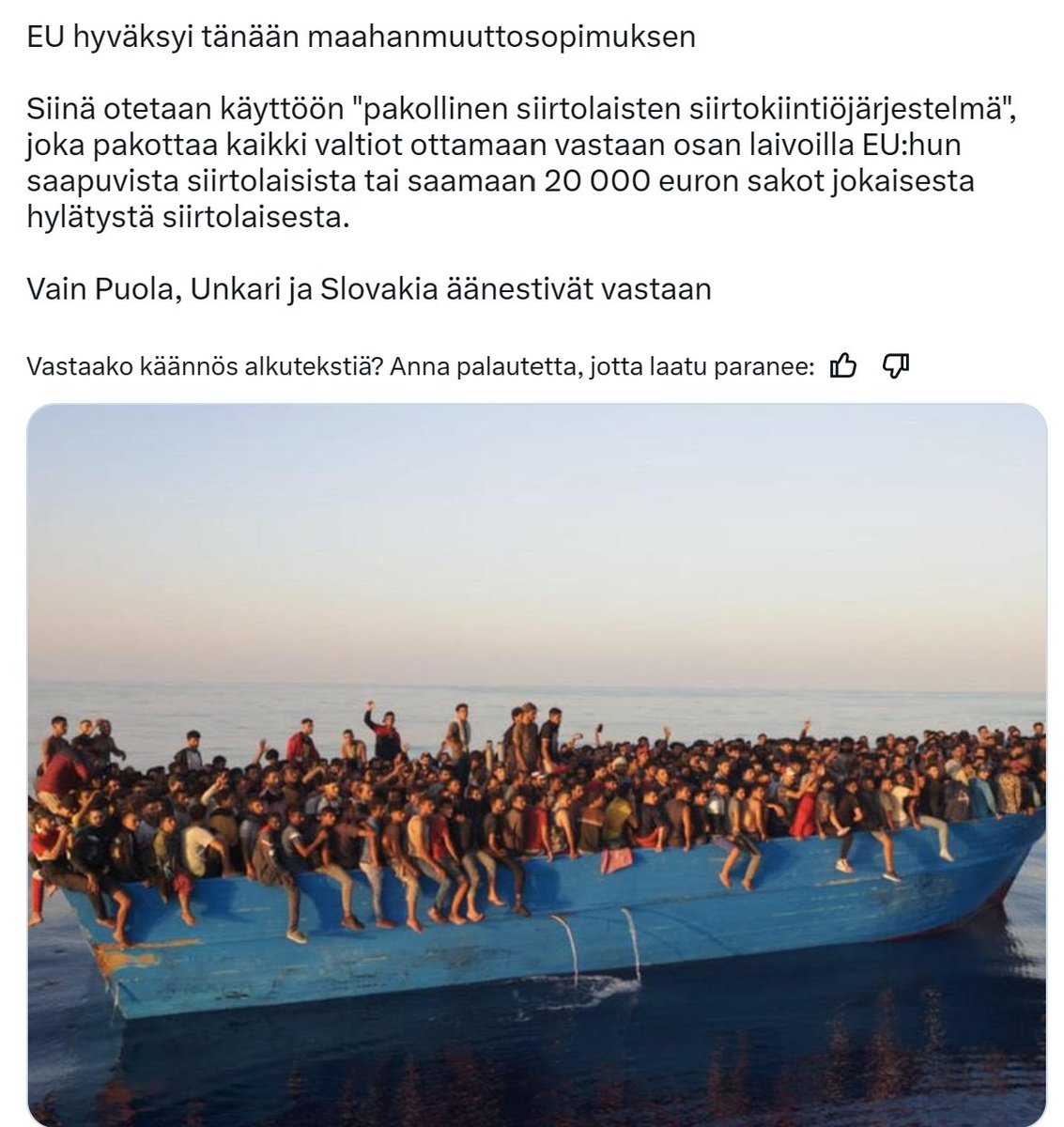 Onko tosiaan näin. Onko Suomi hyväksynyttämän järjestelyn missä 'hyväntekeväisyys järjestöt' rahtaavat laittomia siirtolaisia, meidän rahoilla, Välimeren yli ja tulijat on vaan jaettava eri maihin.

Eikö kukaan muu maa muka vastustanut tätä järjettömyyttä, rahdata Terroristeja ..