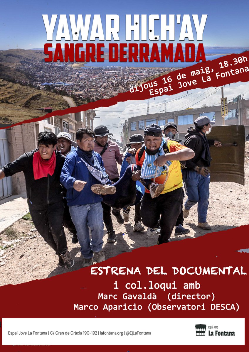 Esta noche toca madrugar para estar en el coloquio del estreno de nuestro documental #SangreDerramada que se estrena en #Puno. Mañana se estrena en #Barcelona.