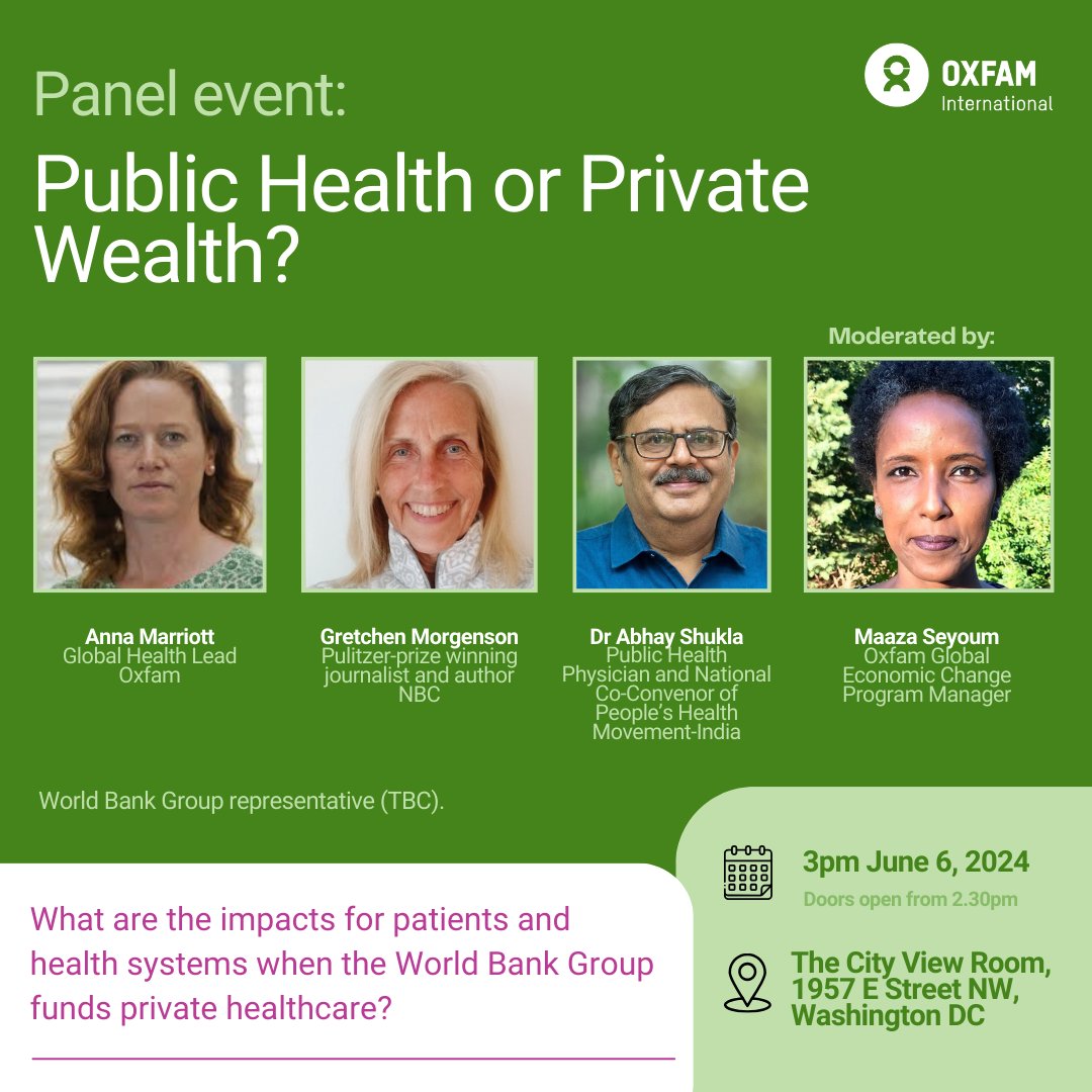 OPEN TO JOURNALISTS

6 June, 3.00pm (EDT)
City View Room, Washington, DC

Join us to discuss what happens for patients and health systems when the <a href="/WorldBank/">WorldBank</a> funds private healthcare.

Register (in-person): eventbrite.com/e/who-is-profi…