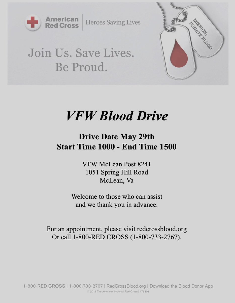 @RyanMiller_WX Please share upcoming VFW Post Blood Drive with the Red Cross in McLean, Va. Thank you very much! People can sign up and meet a few local Veterans.