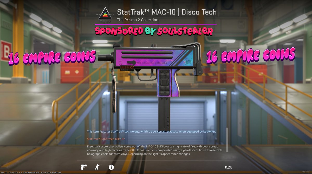 🪩Sponsored by @soulstealer_hs 🪩

👉Mac-10 Disco tech Stat' MW/16 empire coins🪙

✅Follow @soulstealer_hs /Retweet
☑️Subscribe/Like (Show proof-Full page)
youtube.com/watch?v=eYVA0_…

⏰Rolling in 3 days
#CSGO #csgogiveaways  #csgoskins