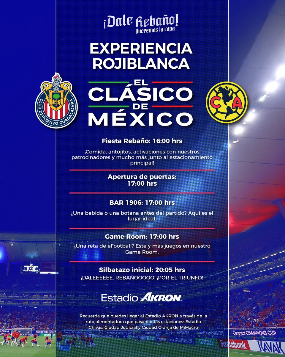 ¡Llega y ENTRA temprano al @EstadioAKRON! ⏰ Desde las 17:00hrs nuestras puertas estarán abiertas para #ElClásicoDeMéxico 🙌