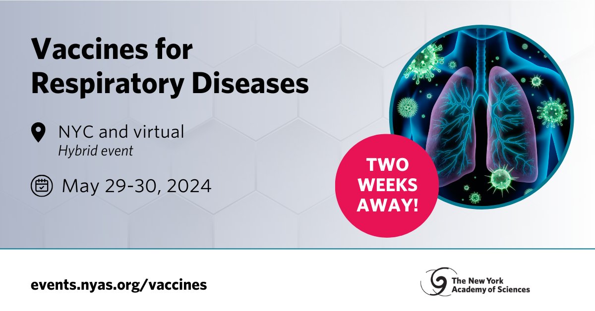 Just TWO WEEKS until Vaccines for Respiratory Diseases! ⌛ Join us as we bring together basic scientists, clinical investigators, epidemiologists, and clinicians in respiratory disease R&D to discuss challenges and breakthroughs in the field. Register now: bit.nyas.org/48eUFMo