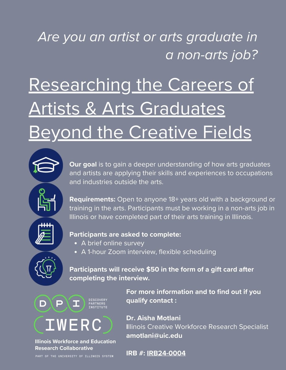 🎨 Are you an artist or arts grad and in a non-arts career path? Your story matters! Participate in our research study and share your insights! Contact Aisha Motlani, Primary Investigator. #ArtsProfessionals #CareerGrowth #IWERCStudy