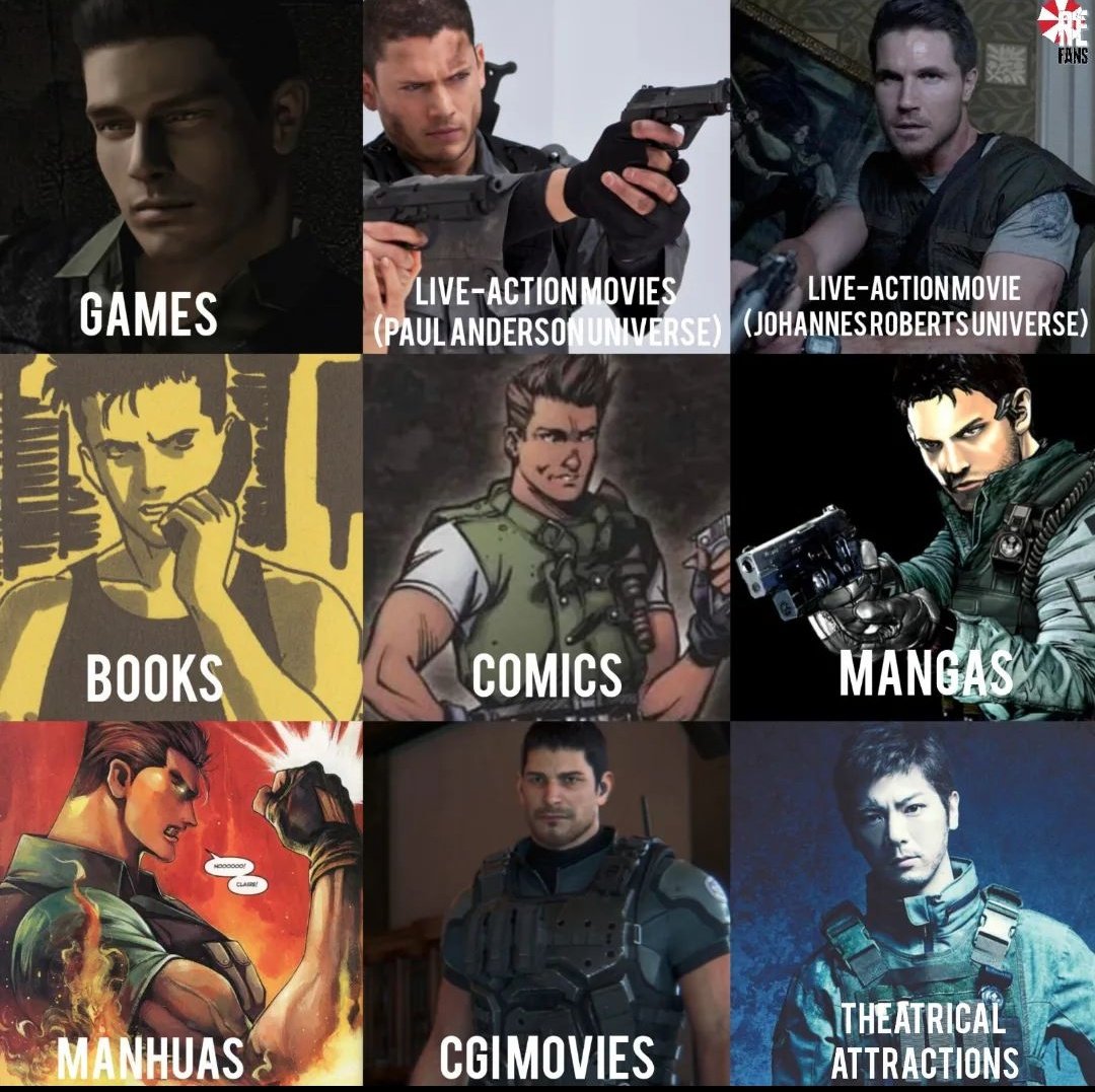 Chris Redfield in the Resident Evil games, live action movies, books, comics, mangas, manhuas, CGI movies & theatrical attractions 

(Credit: residentevilfans_ on Instagram) 

#ResidentEvil #REBHFun #RE #ChrisRedfield #ResidentEvilRemake #ResidentEvilVendetta #Biohazard #Capcom
