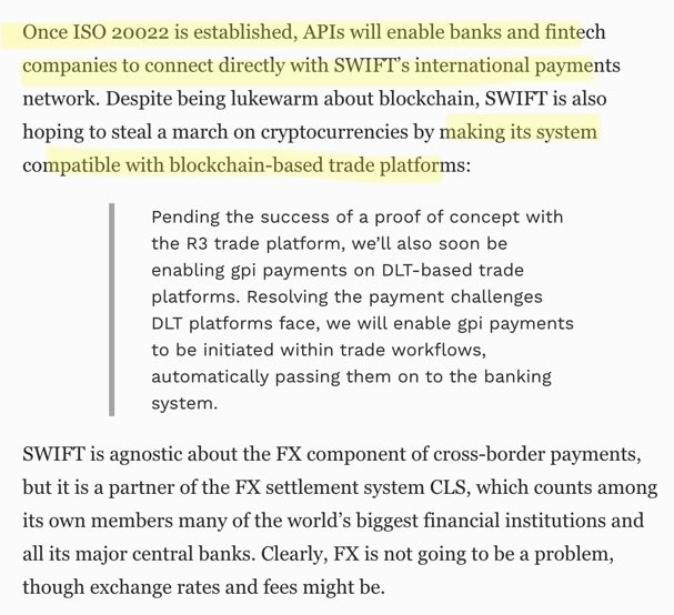 Once ISO 20022 is fully established APIs will enable fintechs to connect directly with SWIFT international payments that will make its system compatible with blockchain based platforms✅