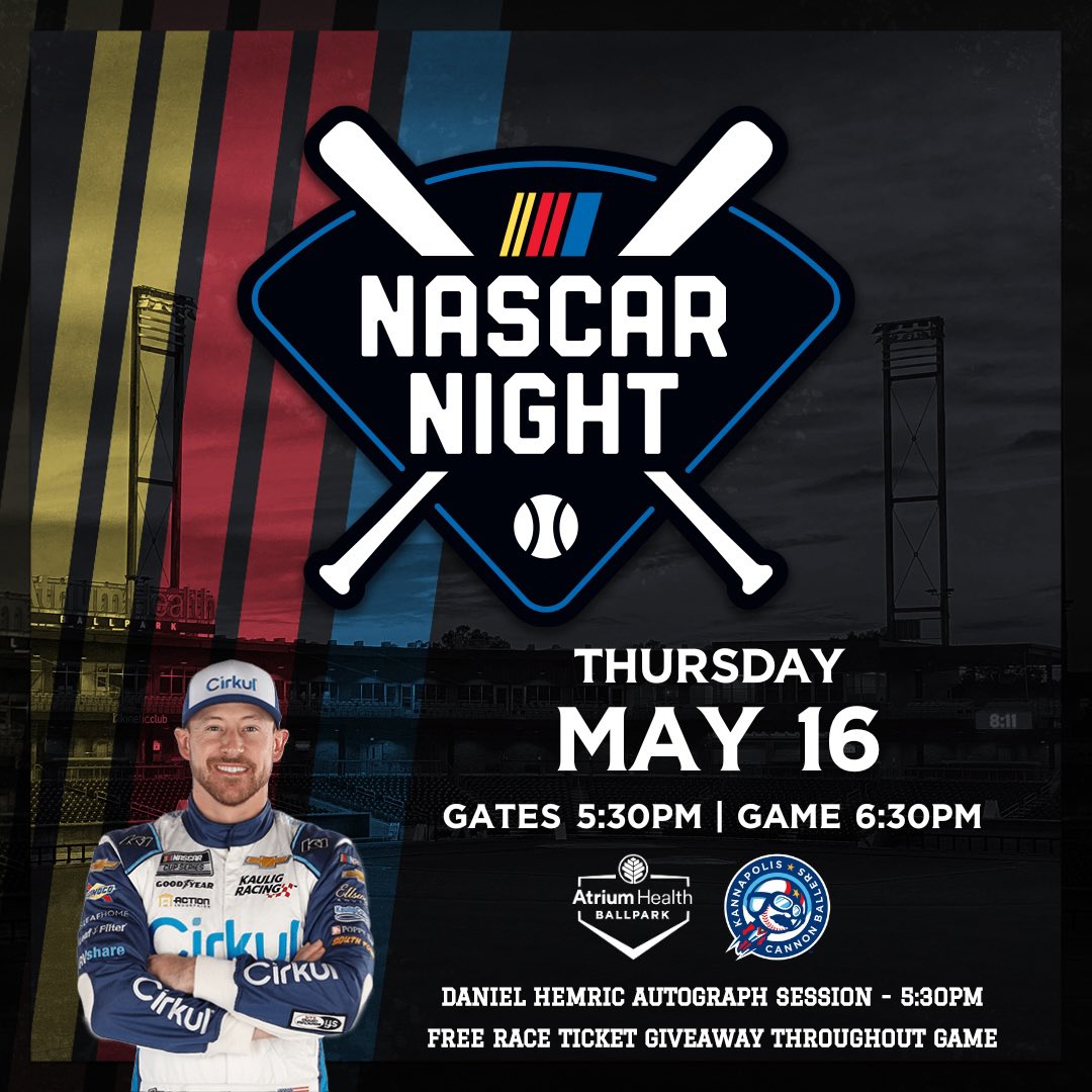 🚨 PLAY BALL‼️ Join @DanielHemric for @NASCAR Night with the @Kcannonballers. ⚾️✍️ BE THERE 👉🎟️: bit.ly/NASCARNight