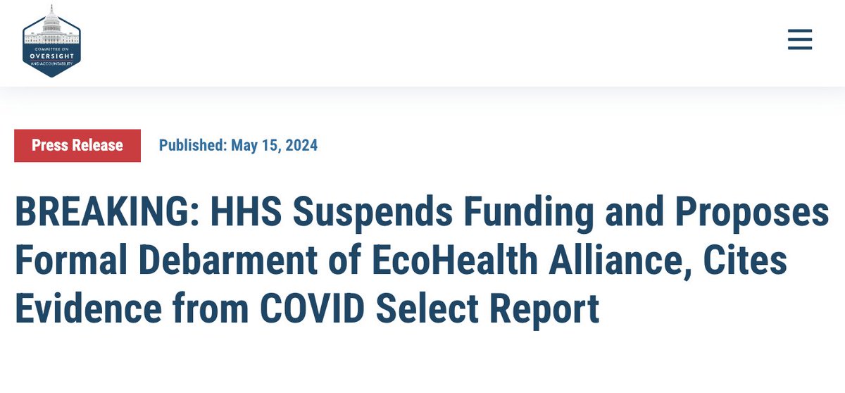 “EcoHealth Alliance and Dr. Peter Daszak should never again receive a single penny from the U.S. taxpayer. Only two weeks after the Select Subcommittee released an extensive report detailing EcoHealth’s wrongdoing and recommending the formal debarment of EcoHealth and its