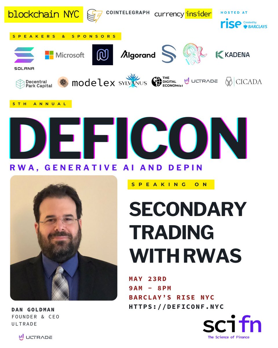 AutumnPenaloza's tweet photo. Hey #NewYork #AlgoFAM!

@DGoldNYC founder/CEO of @ULTRADE_org on #Algorand will speak at DefiCon alongside leaders from @Microsoft @solana @kadena_io and more. 

May 23rd in NYC! 

Tickets: https://t.co/3lPtFL3MYN https://t.co/SuRdxQfXik