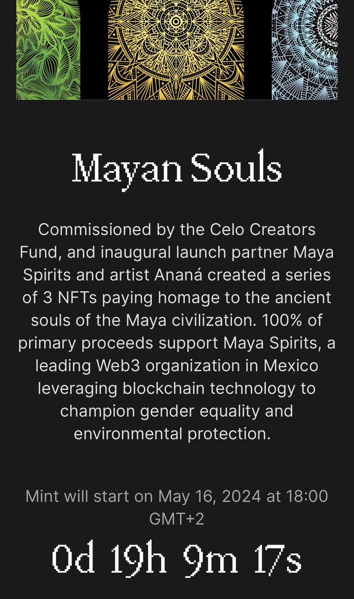 Tomorrow at 12pm ET, get ready for the drop of 'Mayan Souls' on @Celo by artist @Anananfts! 100% of primary mint proceeds support the Maya Spirits foundation. Don't miss out!