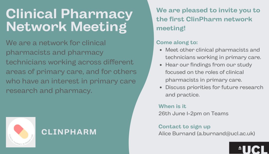 Interested in clinical #pharmacy in primary care? Join our network & attend our 1st meeting. Our network aims to collaborate and learn together! 1st meeting will offer a taste of results from our dementia studies. #ClinicalPharmacy #PrimaryCare #Networking #ASAC24