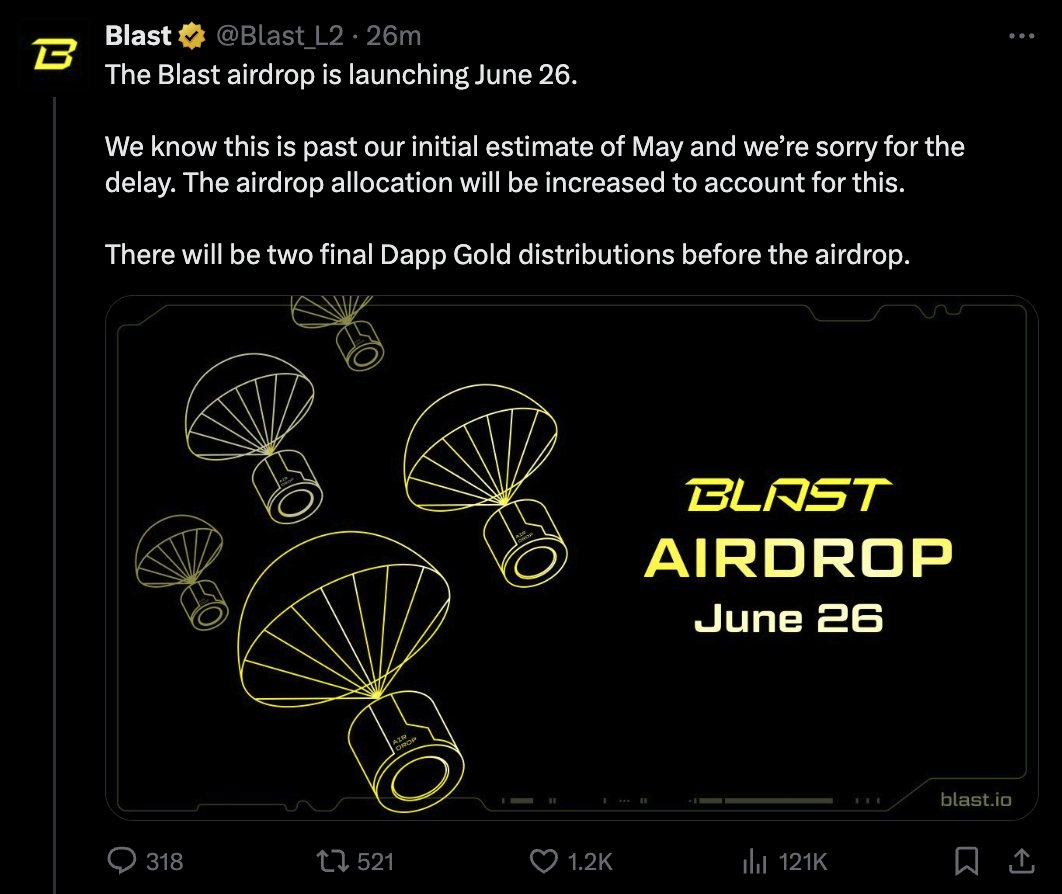 NEWS: @Blast_L2 delays token airdrop to June 26.