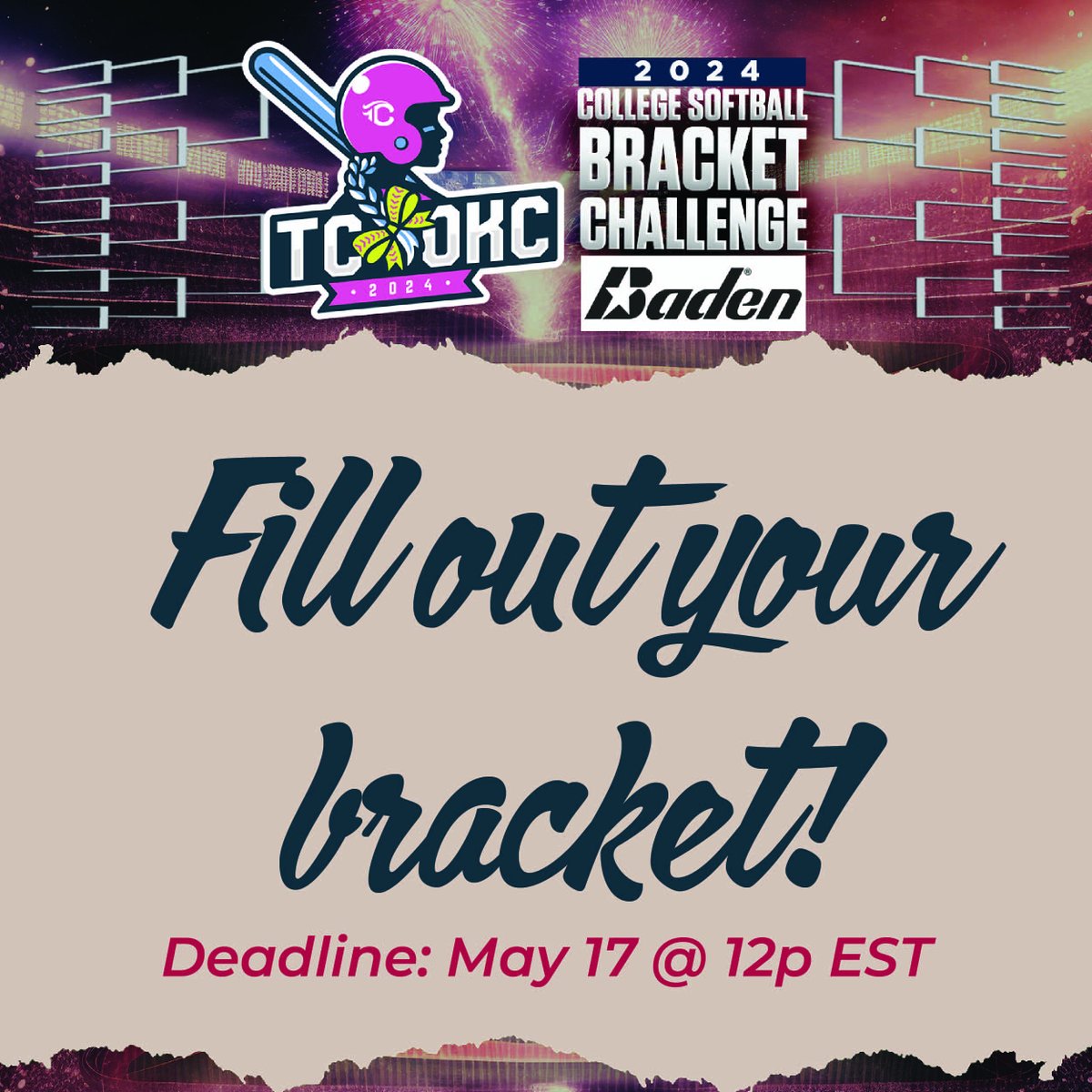 Fill out your 2024 Triple Crown OKC College Softball Bracket Challenge by Friday, May 17 at 12pm EST! #NCAASoftball It is FREE to participate. Winning bracket gets a free entry to the 2025 TC OKC event & a $150 gift card from Baden Sports! bit.ly/OKCBracketChal…