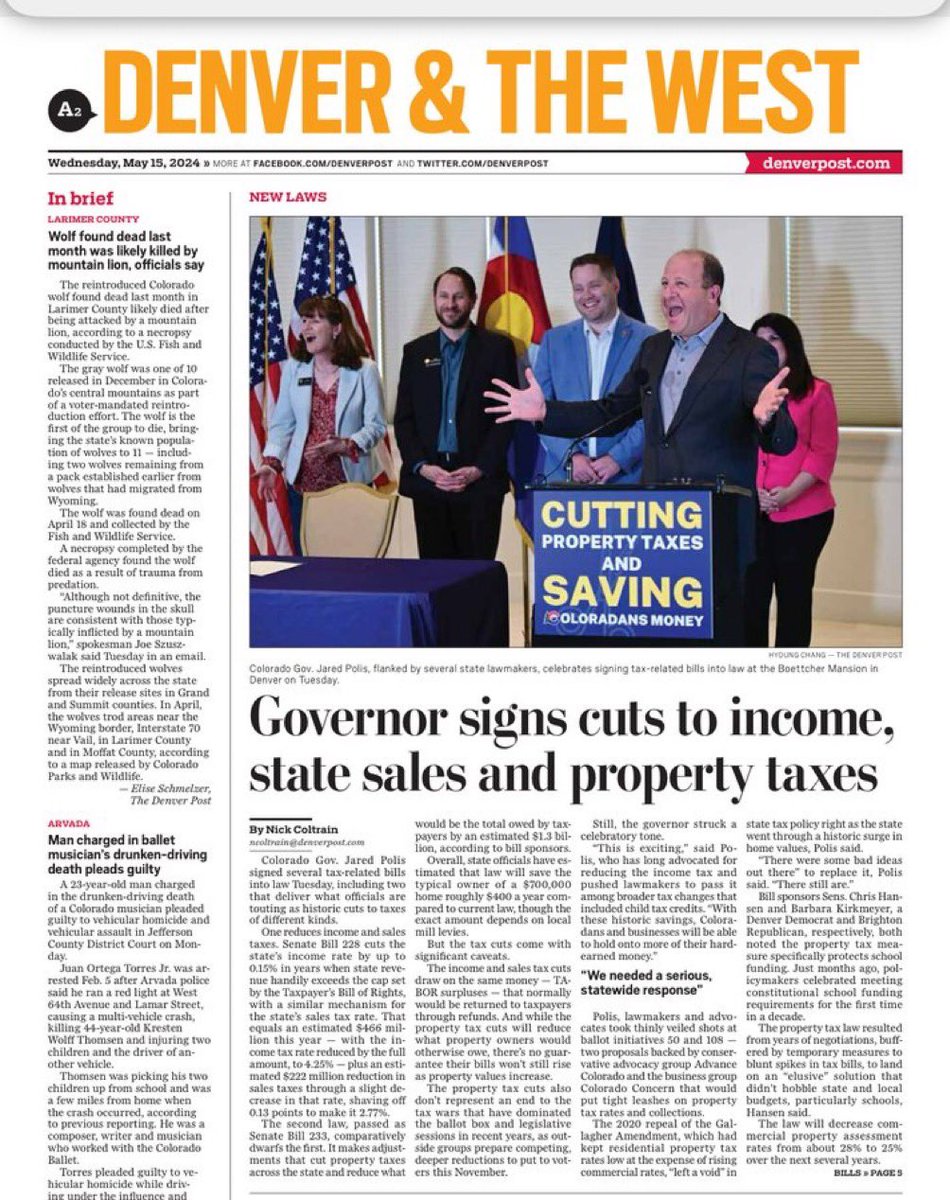 jaredpolis's tweet image. ✅Colorado Income tax reduced 4.4% to 4.25%
✅Sales tax in future years reduced from 2.9% to 2.77% (the rest of your sales tax is local, not state).
✅ $1.3 billion in property tax relief including deducting $70,000 from the taxable value of your home, capping any future…