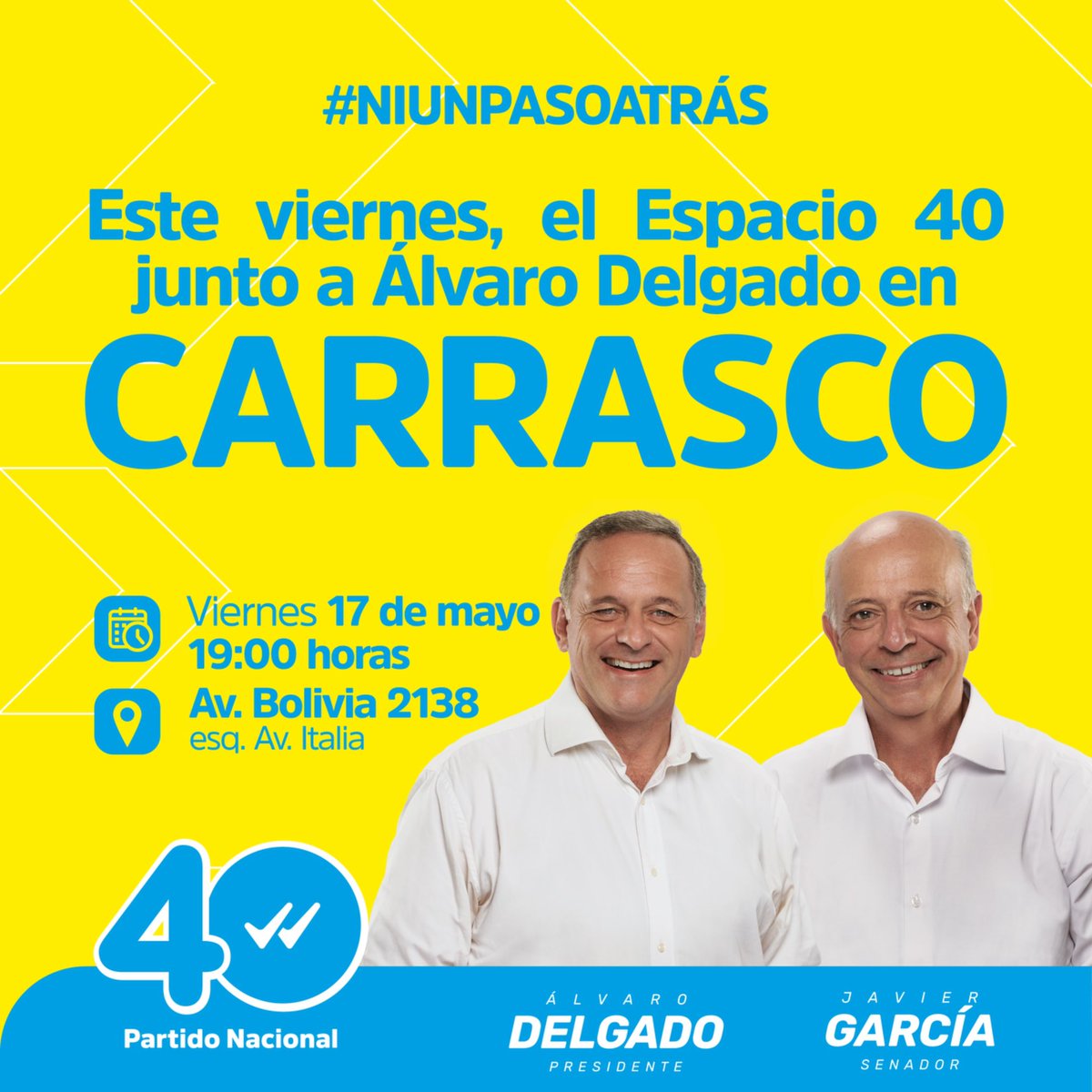 Este viernes te esperamos en nuestra sede de Av Bolivia 2138 esq Av Italia junto a @AlvaroDelgadoUy #NiUnPasoAtras #UruguayParaAdelante