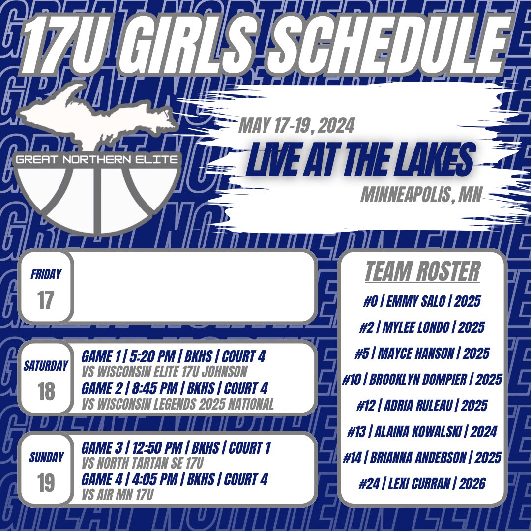 Our Great Northern Elite 15U-17U schedules for this weekend at the @JrAllStarBB #LiveAtTheLakes in Minneapolis, MN!