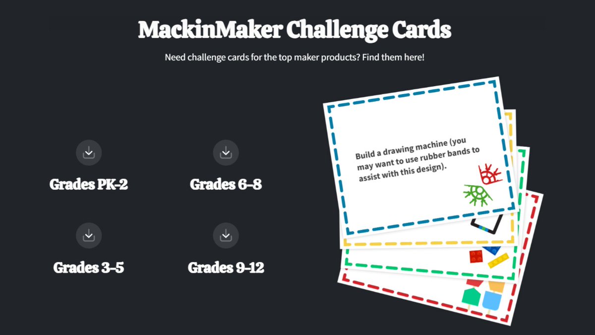 #Mackin has challenge cards that are free to download on our website! These can help inspire students to get creative with the maker materials provided. 🤖 #STEAM #Makerspace Download: home.mackin.com/mackinmaker/fr…