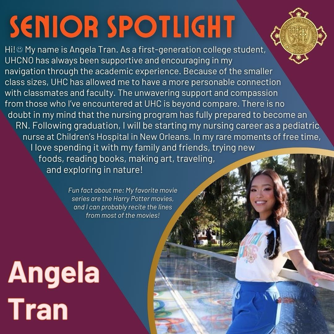 Another one of our outstanding graduates coming your way! Angela is a First-Gen College student 🎓who has done amazing things at UHC📣! Congrats, Angela and good luck at @CHNOLA! #LCMC #Nursing #Classof2024
