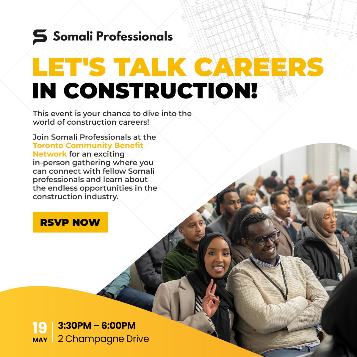 Join @somalicanpro at TCBN for an exciting gathering to connect with fellow Somali professionals and learn about opportunities in the construction industry.

When: May 19, 3:30 PM
Where: 2 Champagne Drive
RSVP: eventbrite.com/e/somali-profe…

#communitybenefits #constructionindustry