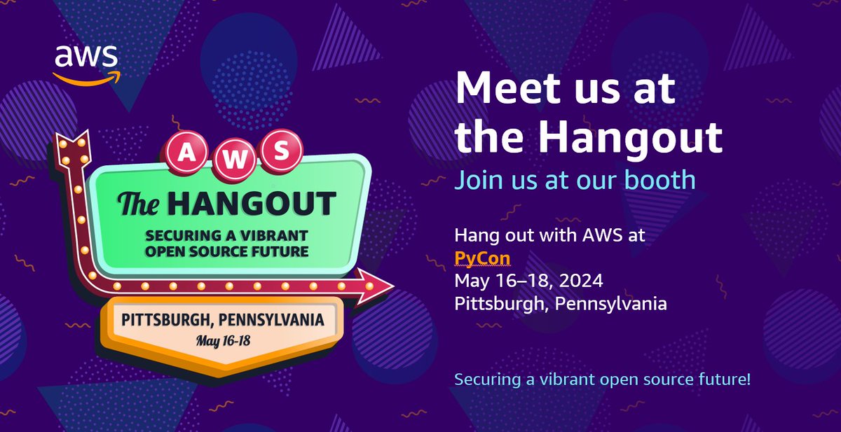 Join us tomorrow for PyCon 2024. Meet @awscloud project teams at the expert bar & take a seat in the theater. We have fun giveaways and more. Find us in the exhibit hall. 💻 Live demonstrations 👩🏽‍🔬 Expert Bar 🎟️ Sweepstakes 🧁 Afternoon Snack Break