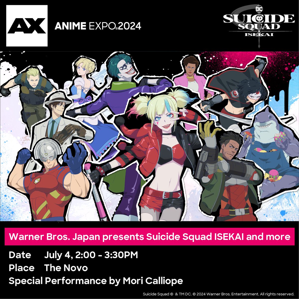 📣 Panel Announcement: Warner Bros. Japan is back with one of the most anticipated anime of the season 'Suicide Squad ISEKAI'!!! Don't miss the screening of Episode 1 with creative staff from Japan and a special performance by ED theme song artist Mori Calliope.🎥 #AX2024