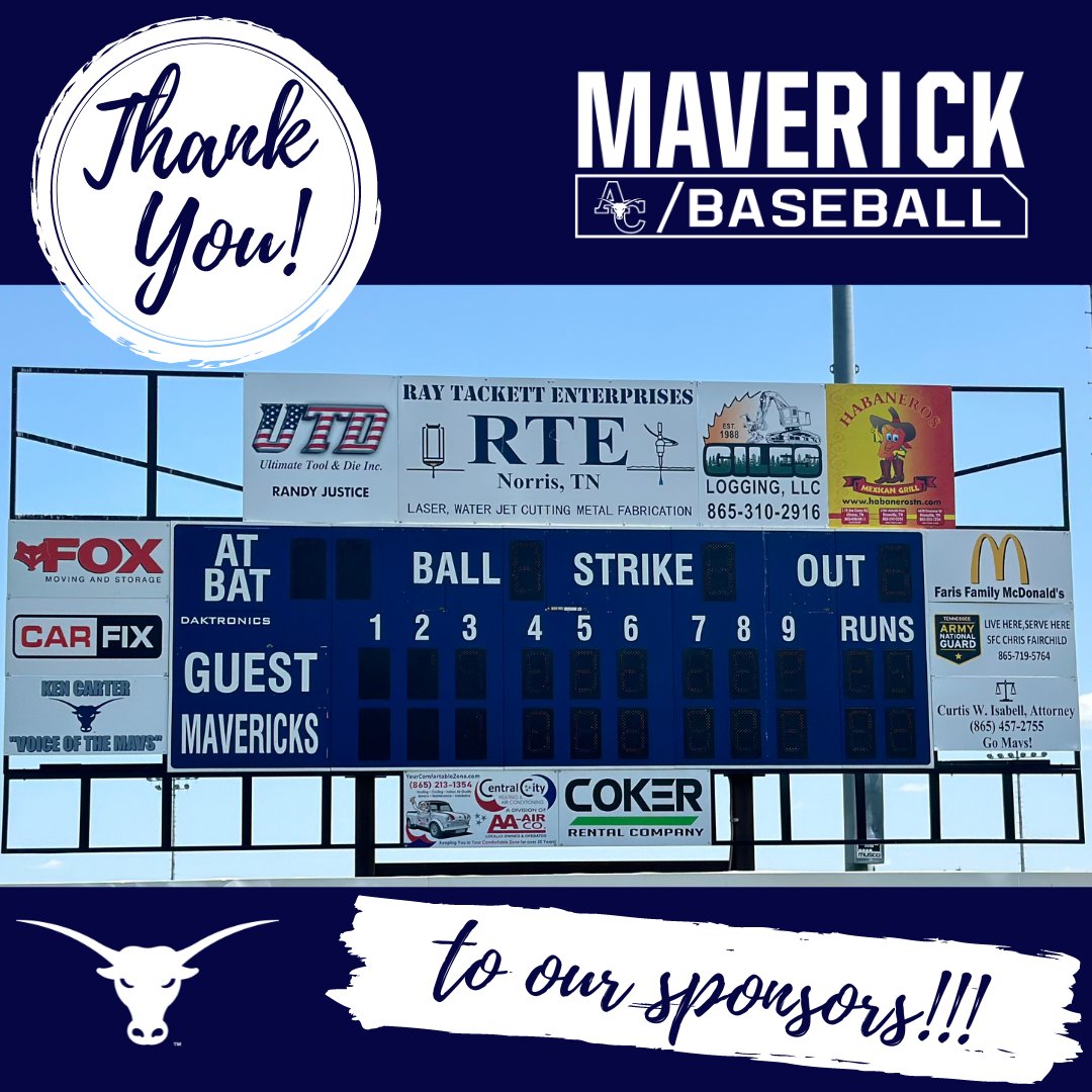 As we are wrapping up our 2024 season, we want to take a minute and give a big thanks to our scoreboard sponsors. As you can see, we still have some spaces available if you or your business are looking for a sponsorship opportunity! Thanks and Go Mavs!!