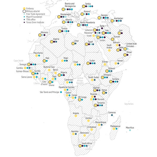 Turkey's 🇹🇷 global footprint. The country has emerged as a key player in the Western Balkans, South Caucasus, Middle East and Africa thanks to a diverse toolbox of diplomatic tools and targeted communication such as culture & education or drone diplomacy. iss.europa.eu/content/t%C3%B…