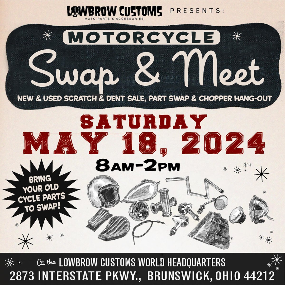 LowbrowCustoms's tweet photo. This weekend people! Come party 8-2pm on Saturday May 18th at Lowbrow Customs Free to attend and vend. #Swapmeet #motorcycleswap #chopperswapper #chopper #bobber #harley #triumph #motorcycles #vintage #parts https://t.co/cnIQfdoNtT