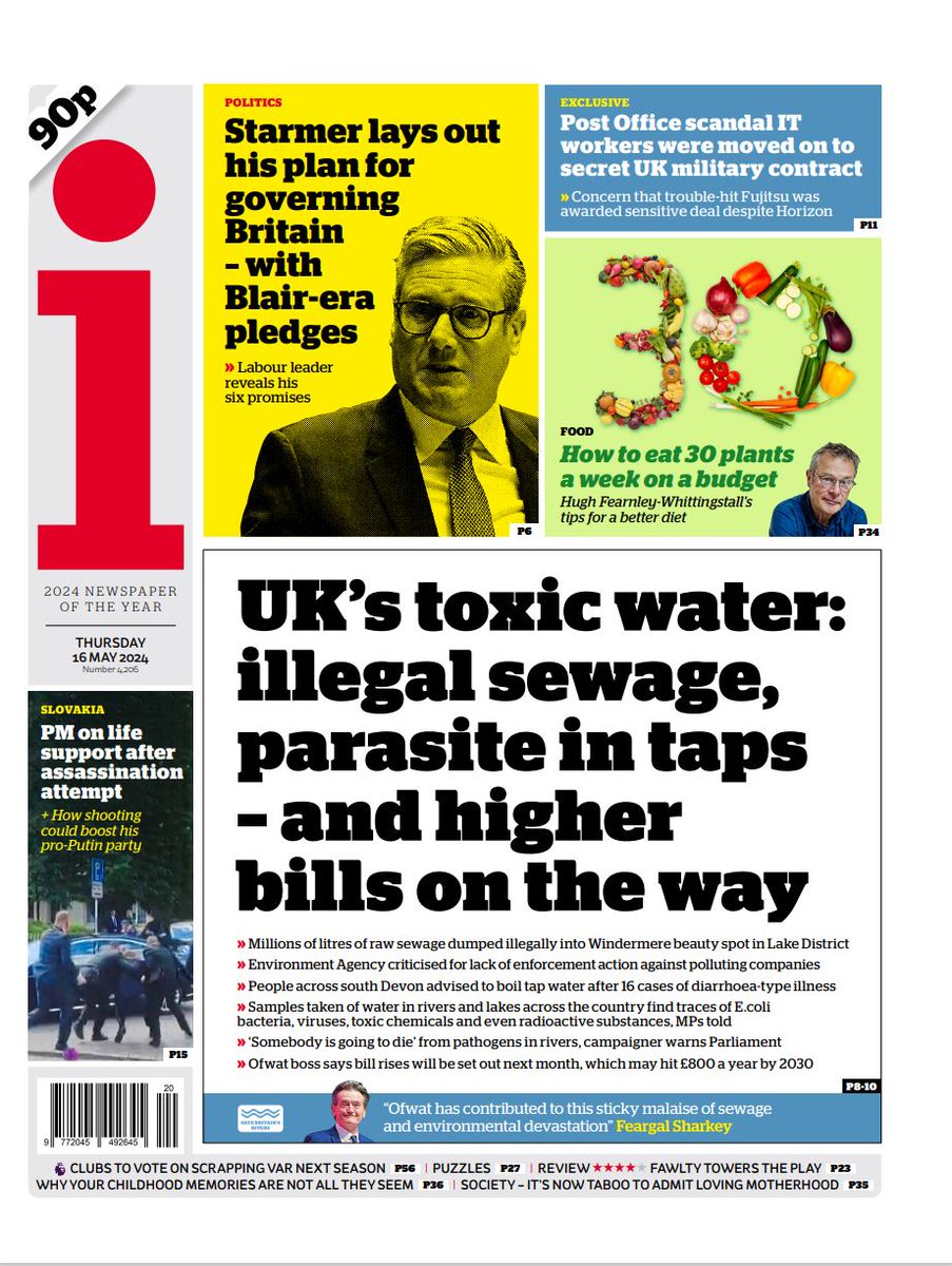 Thursday's front page: UK’s toxic water: illegal sewage, parasite in taps – and higher bills on the way #TomorrowsPapersToday Latest by 🔴 @RichardVaughan1: trib.al/sVcJNKr