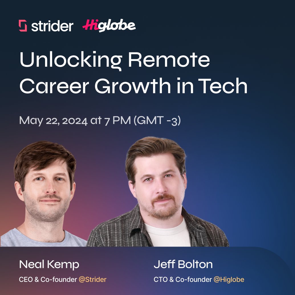 Mark your calendars for May 22 at 7 PM as our CTO, Jeff Bolton, and @on_ strider_ 's CEO, Neal Kemp, unveil the secrets to tech success.This session is your ticket to mastering the essential elements for thriving in the US tech scene.

Register now at onstrider.com