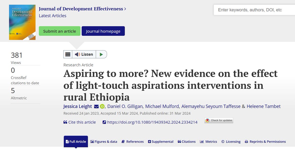 #NowReading Aspiring to more? New evidence on the effect of light-touch aspirations interventions in rural Ethiopia. 📝By @leightjessica, @dogilligan, Michael Mulford, Alemayehu Seyoum Taffesse, and @heleenetambet. 🔗doi.org/10.1080/194393… @CGIAR @IFPRI_Africa #Ethiopia