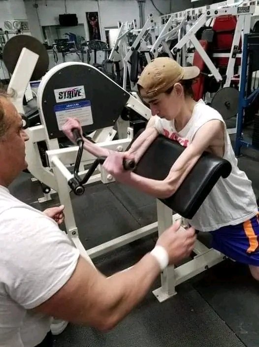 'This is my son's friend Jared. Before I hear any wise cracks. Jared has been fighting lung cancer and we almost lost him. He was recently cleared to workout. Today his arm measured 8 1/4 inches and his legs just over 12'. and he's at ZERO % body fat. I'm taking him under my