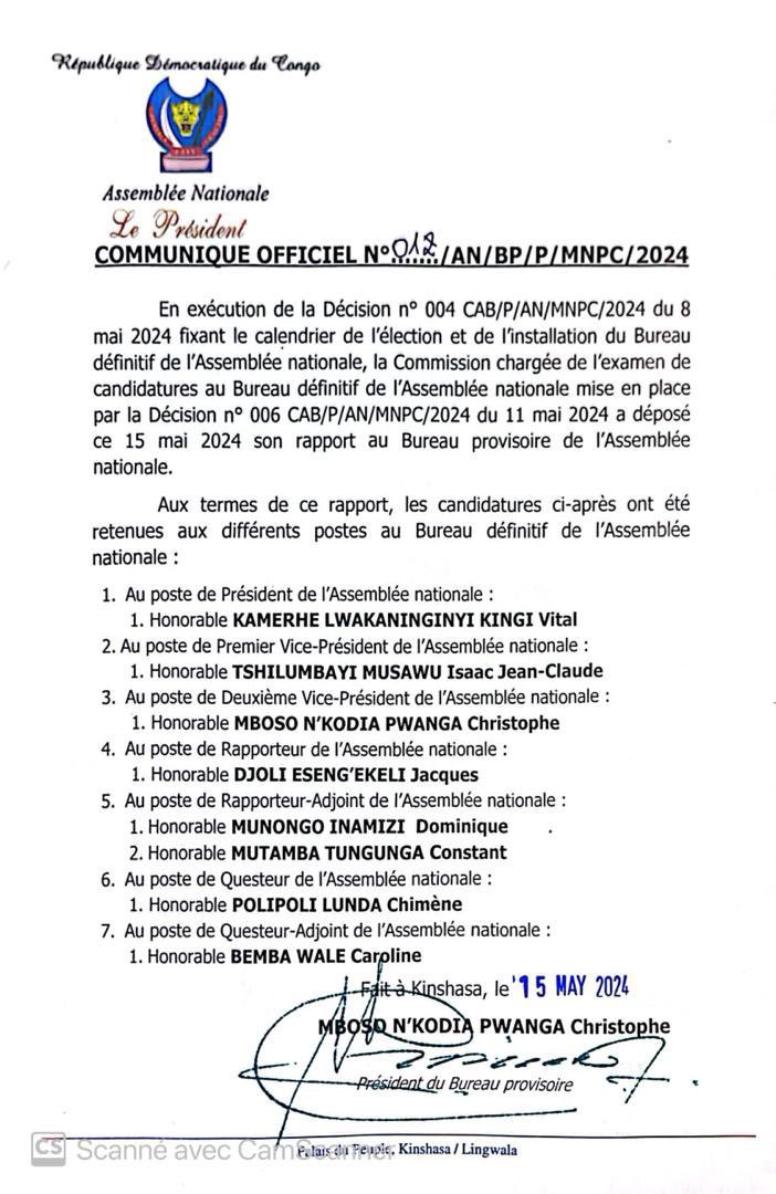 #RDC: ‼️🚨Les candidatures ci-après ont été retenues aux différents postes au Bureau définitif de l'Assemblée nationale.