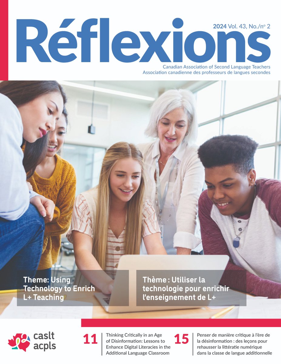 CASLT_ACPLS's tweet image. The May 2024 issue of Réflexions magazine is available! Theme: Using Technology to Enrich L+ Teaching 💻📱
caslt.org/en/media/refle… #langchat #languageteaching