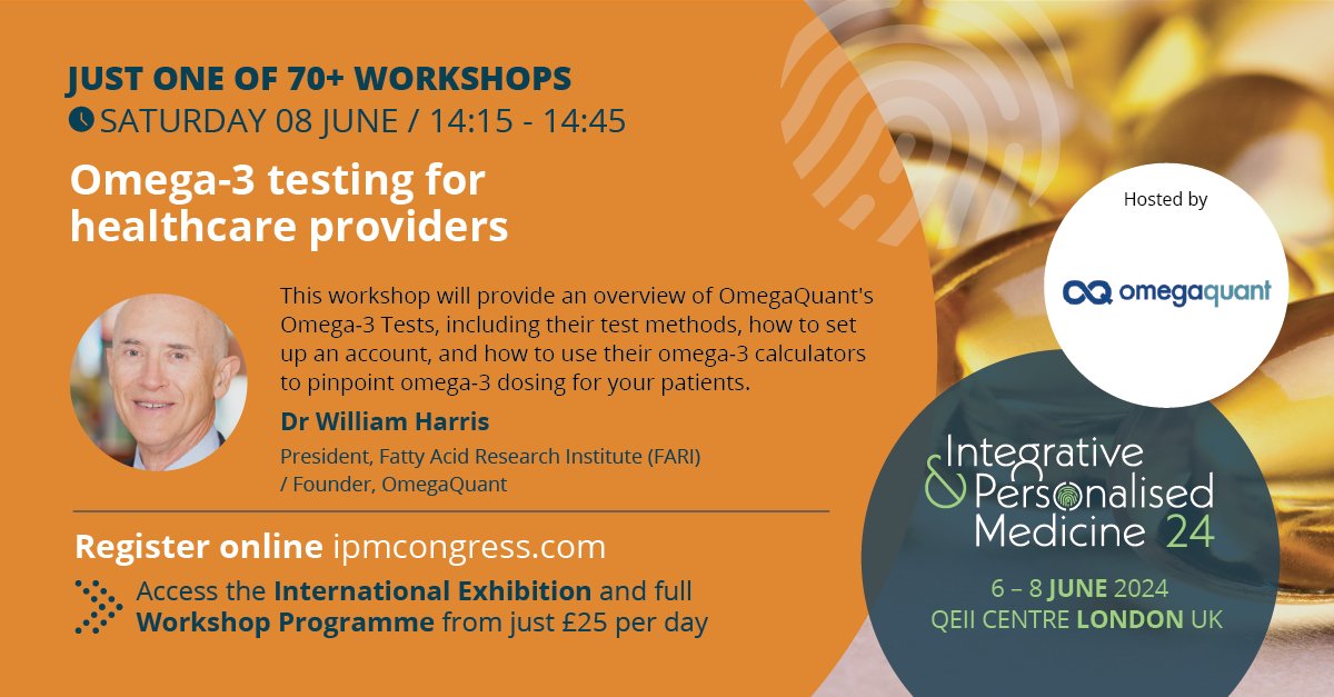This workshop taking place at #ipmcongress will provide an overview of @OmegaQuant's #Omega3 Tests including methods, how to set up an account & how to use their omega-3 calculators to pinpoint omega-3 dosing for your patients:
Find out more & register: bit.ly/ipmcongress