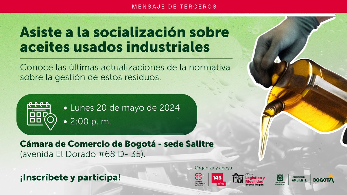 camaracomerbog's tweet image. Desde el #ClústerLogística y la Subdirección de Recurso Hídrico y Suelo - SRHS- de la Alcaldía de @Bogota y la @Ambientebogota, te invitamos a la socialización de la actualización del Manual de Normas y Procedimientos para la Gestión de Aceites Usados👉tinyurl.com/4an9upx8