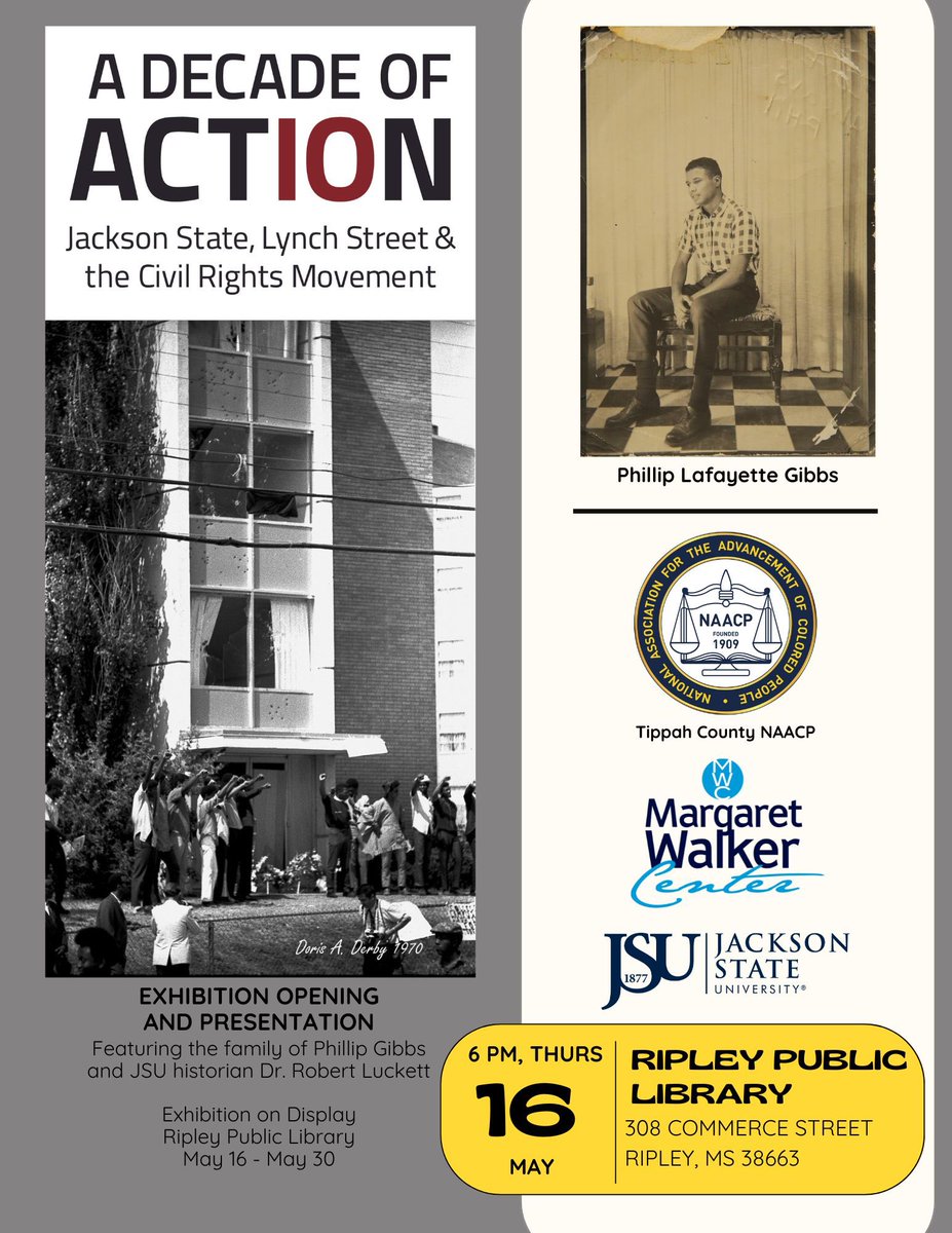 If you’re in north Mississippi, join us tomorrow, May 16, at the Ripley Public Library for this special Gibbs-Green commemoration in the hometown of Phillip Lafayette Gibbs, and go check out our exhibit, “A Decade of Action.”