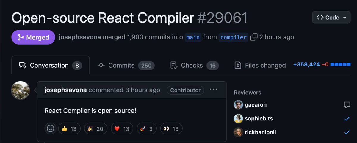 theo's tweet image. Btw the React Compiler PR is huge. 1900 commits, 358,424 lines added, even a functional WIP rewritten in Rust 😳