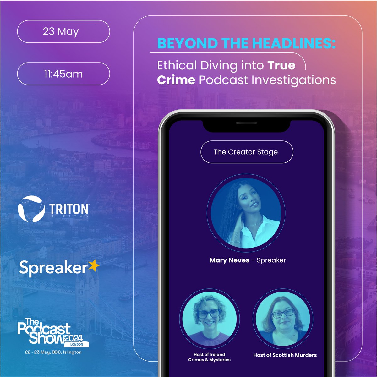 Want to dive into #truecrime podcast investigations? Add this session to your #PodShowLDN app today! @spreaker ⭐️