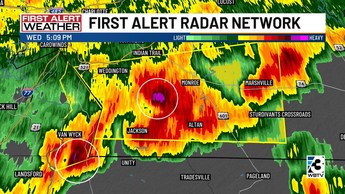 2 areas of hail we're watching... Northern Lancaster County & Central Union County... Heads up, Monroe! Damaging wind gusts also remain possible in these areas! #ncwx #scwx